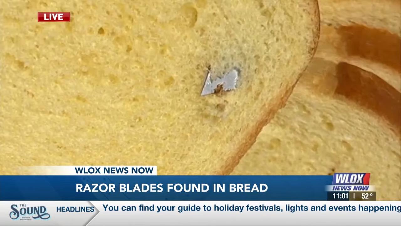 沃爾瑪店內的麵包發現剃鬍刀片。(影片截圖)