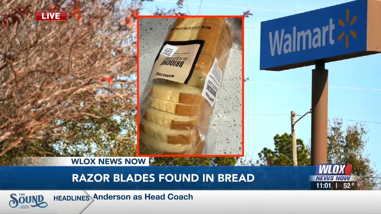 沃爾瑪店內的麵包發現剃鬍刀片。(影片截圖)