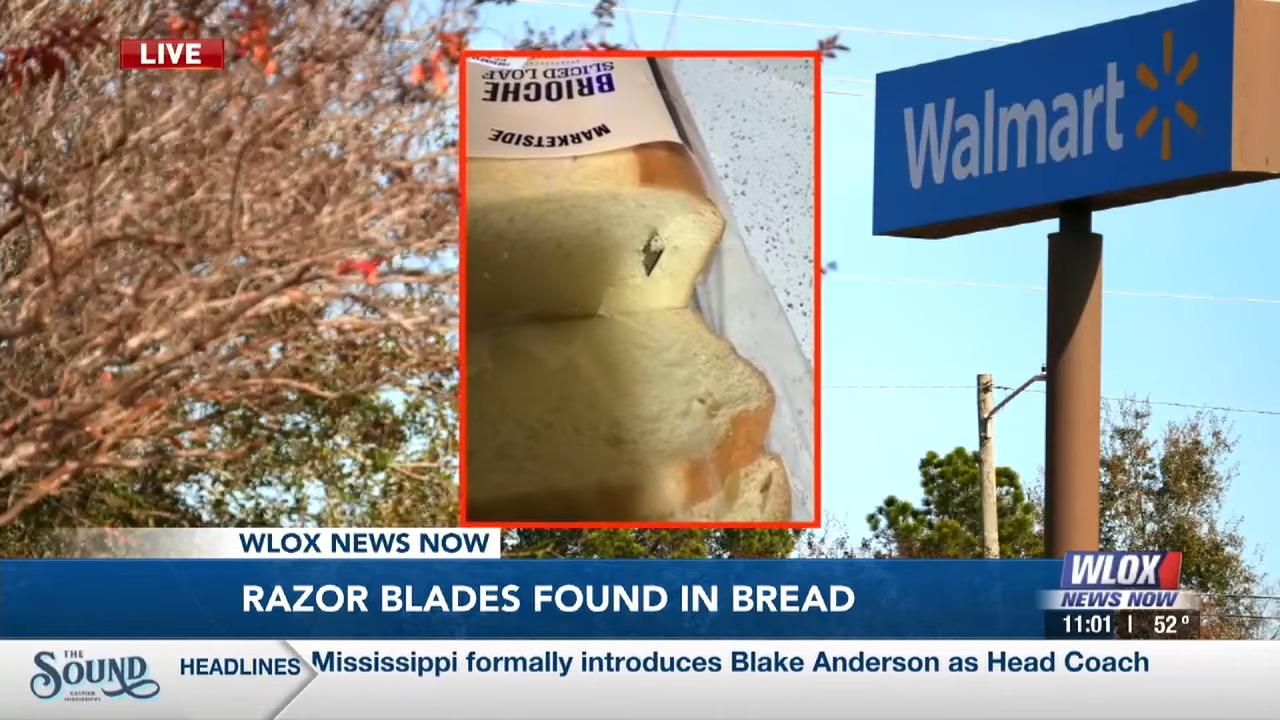 沃爾瑪店內的麵包發現剃鬍刀片。(影片截圖)