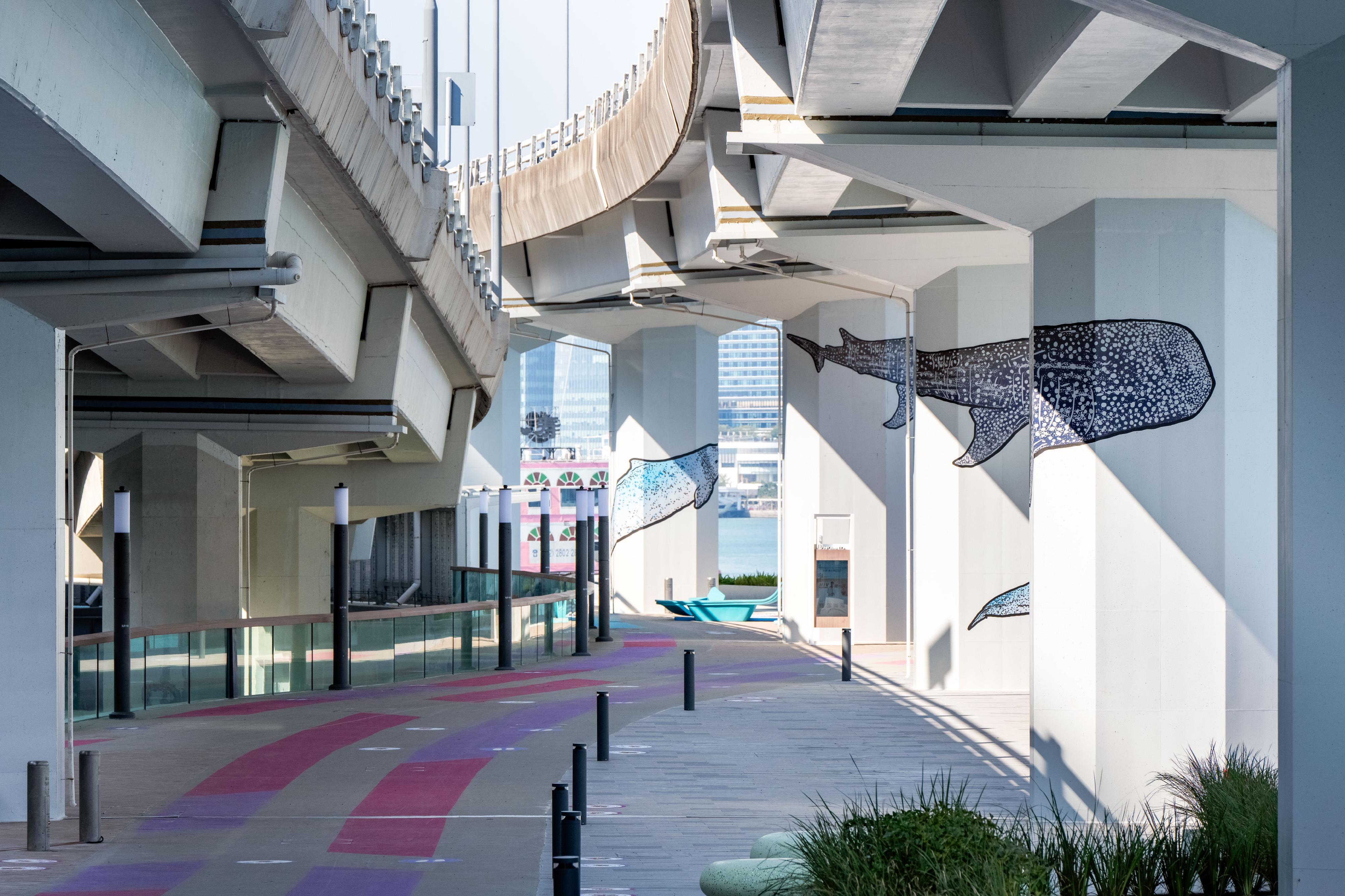 東岸板道東段,圖示其中一個多功能開放式空間,可供申請舉辦展覽、藝術和社區活動。本地藝術家在橋墩展示海洋生物圖案。(政府新聞網)