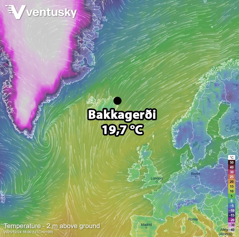 冰島東部巴卡格爾迪(Bakkageroi)在12月25日深夜測得攝氏19.7度高溫。
