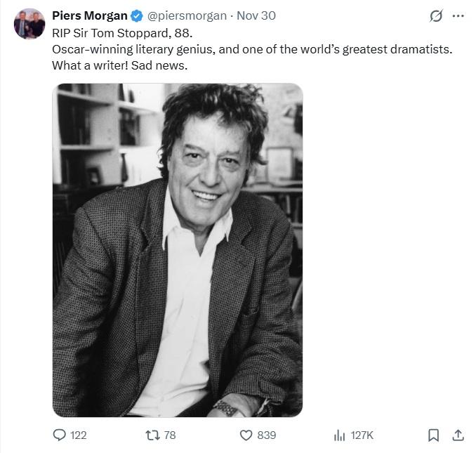 Piers Morgan特別在社交媒體發文哀悼Tom Stoppard。