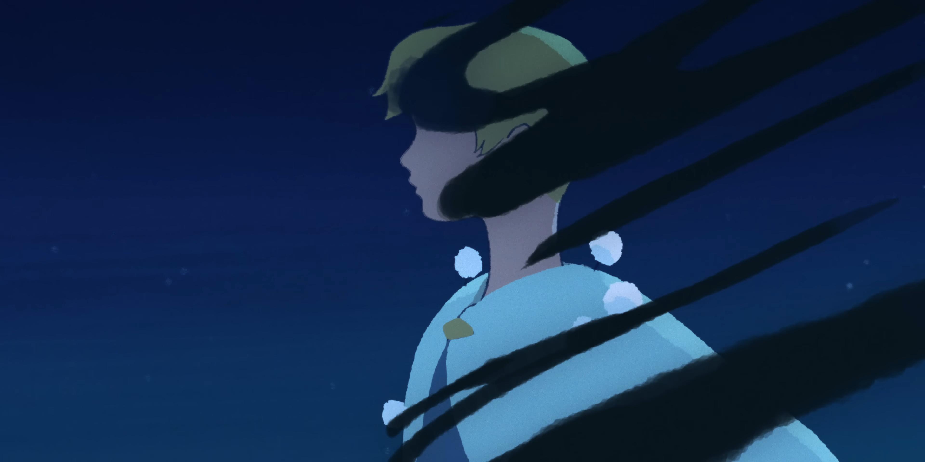 《今繼》MV裡的動畫Jer將蝴蝶捧在手中,不料大批黑影突襲。