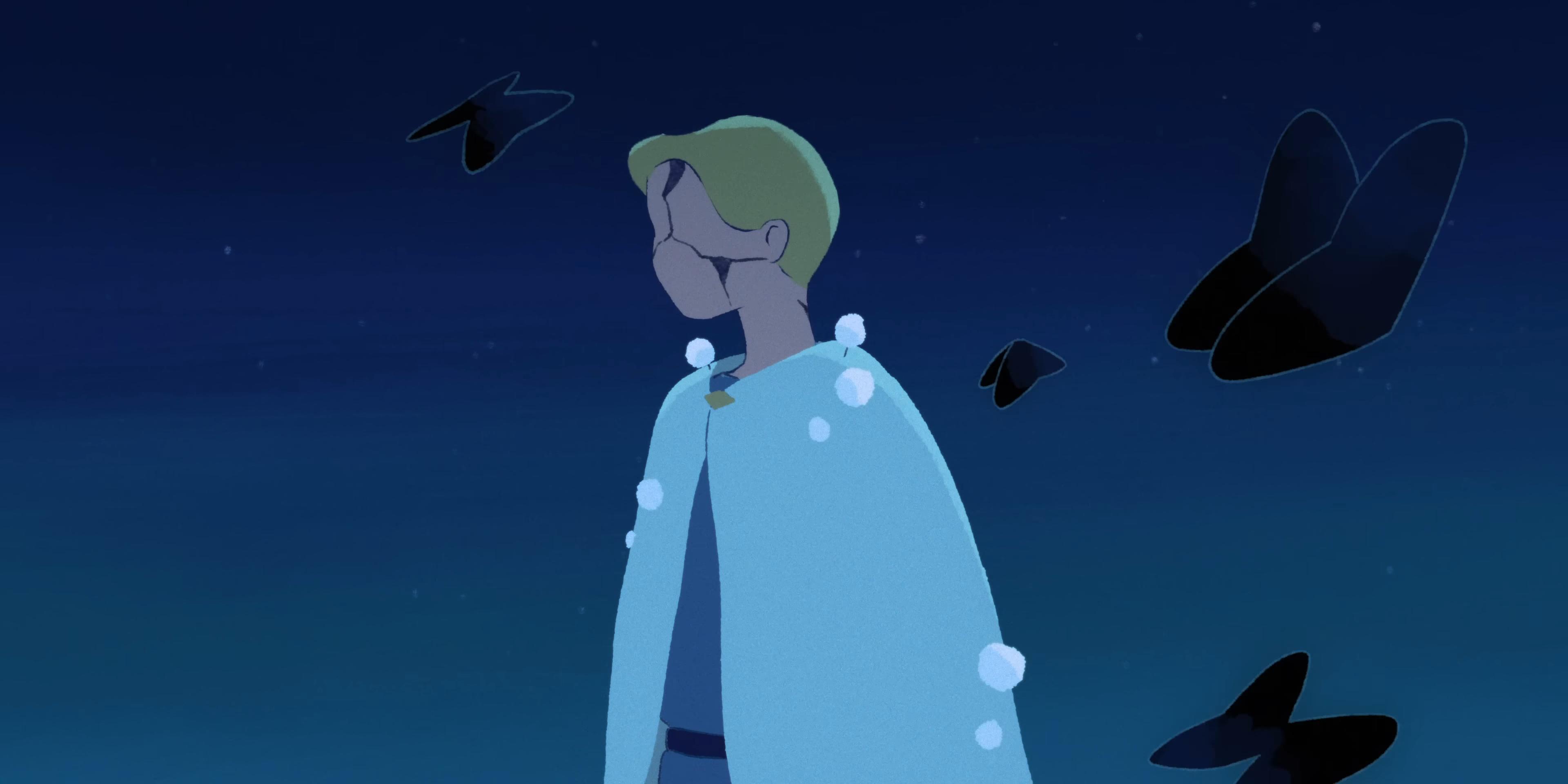 《今繼》MV裡的動畫Jer將蝴蝶捧在手中,不料黑影來襲,弄至滿臉裂痕。