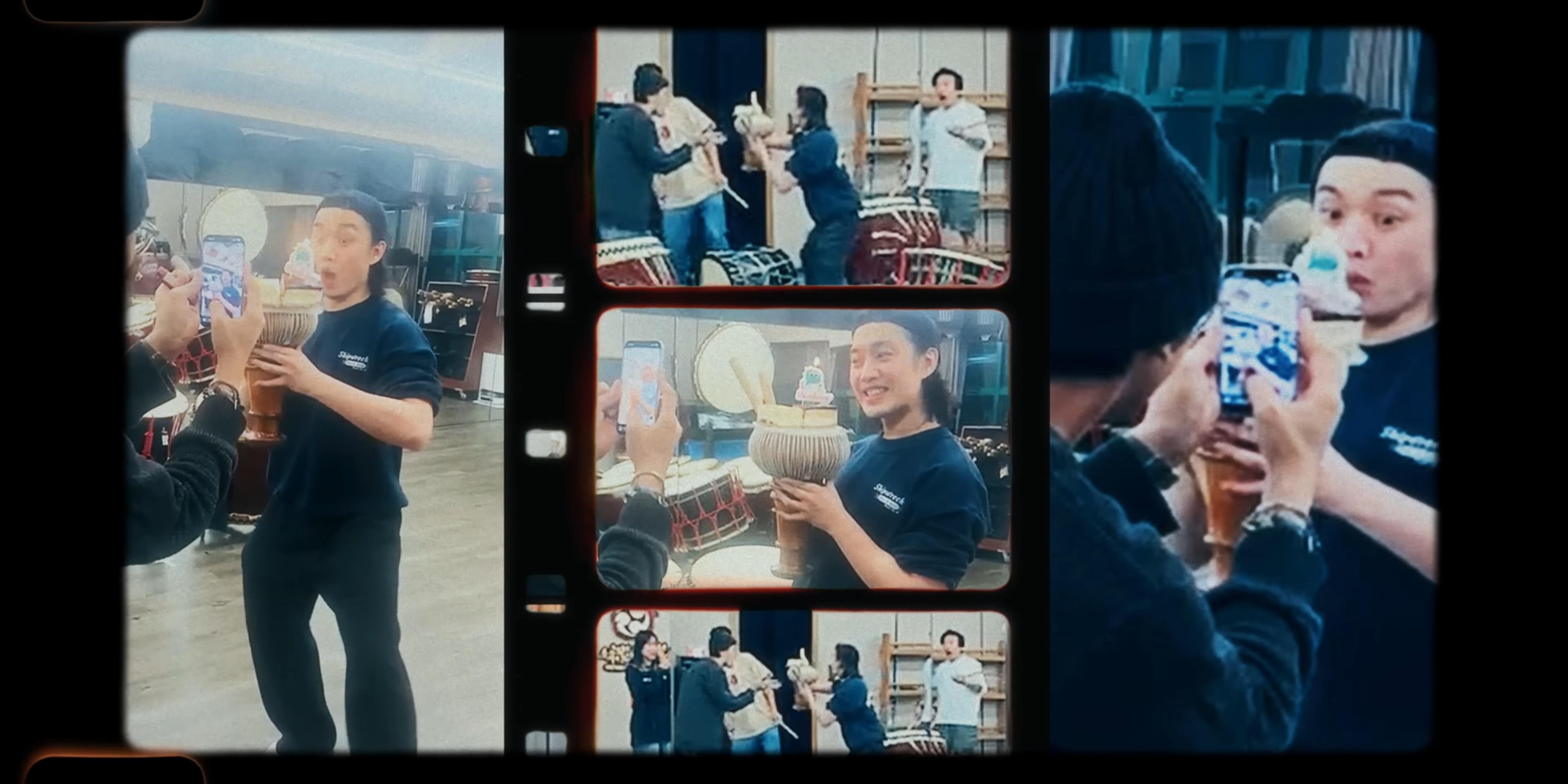 《今繼》MV穿插Jer柳應廷籌備演唱會的花絮,包括捧著生日蛋糕失足的蝦碌畫面。(MV截圖)