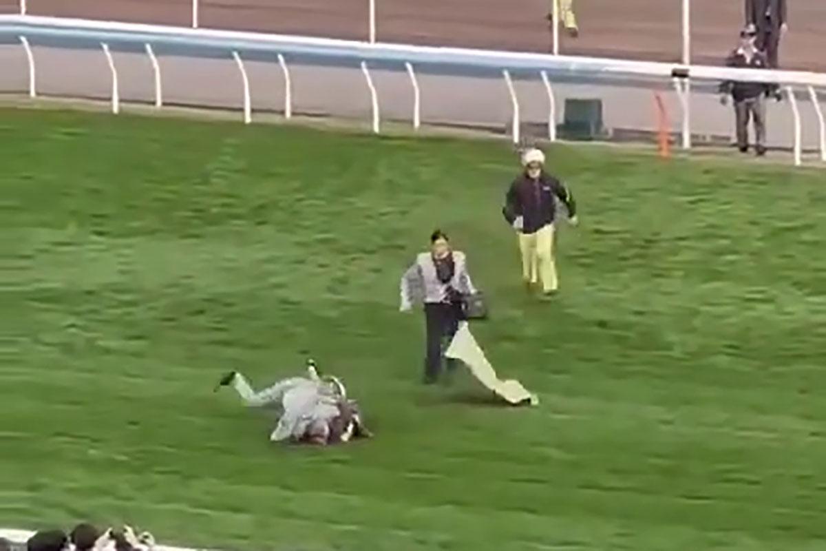 有人在賽馬期間闖入賽道,隨即被工作人員制服,賽事未受影響。(網上影片截圖)
