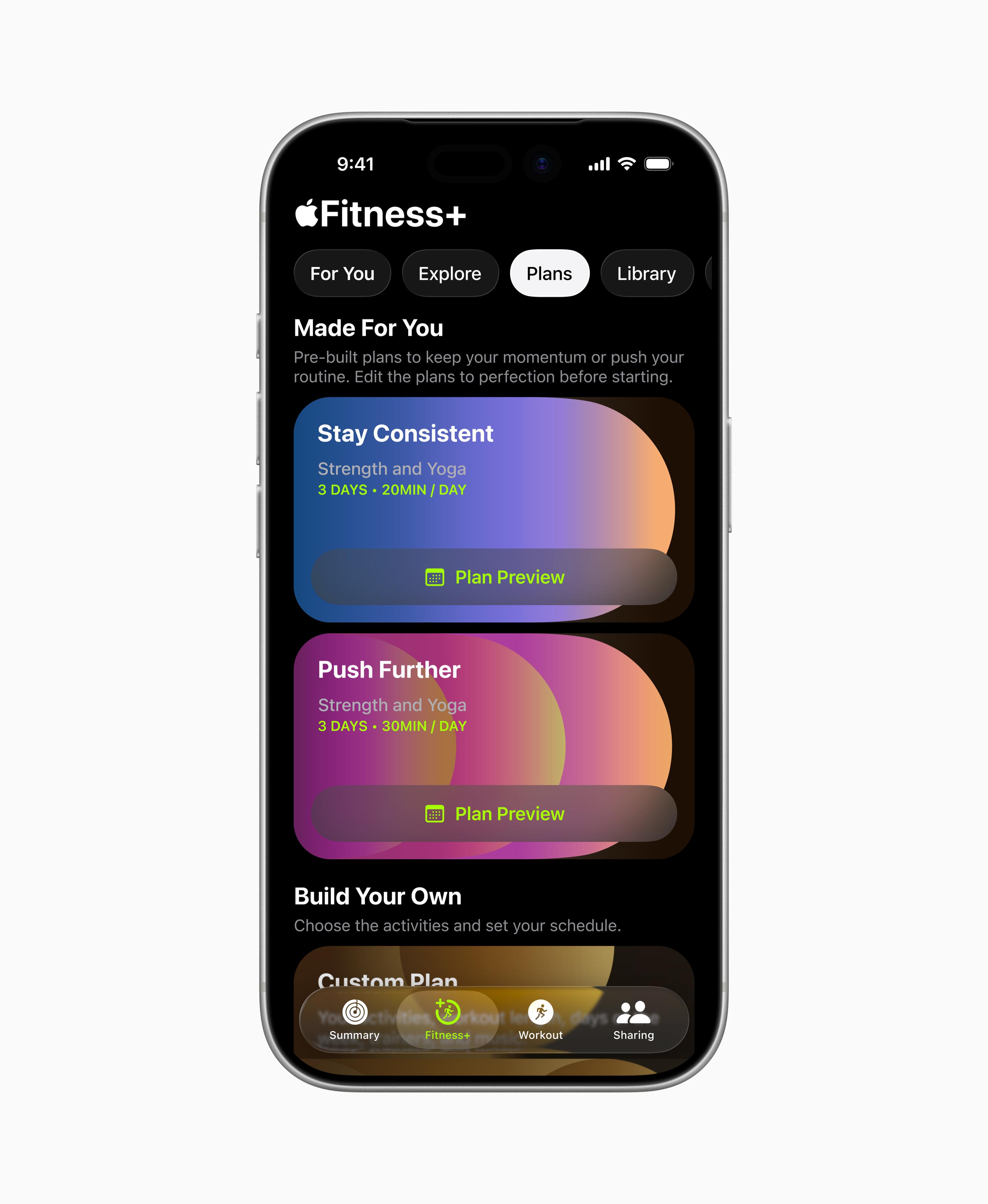 Apple Fitness+的「Custom Plans」讓用户更輕易跟上度身訂造的時間表。