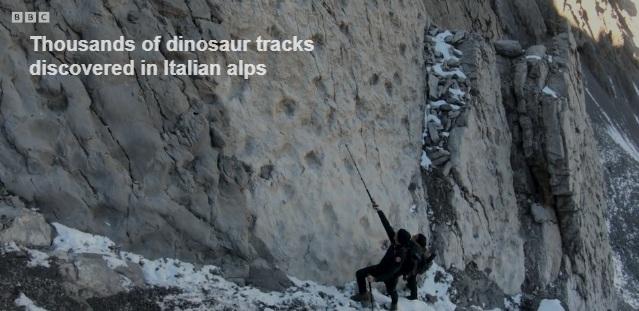 英國BBC報道,意大利弗雷萊谷(Valle di Fraele)岩壁上留下數千恐龍腳印。(互聯網)