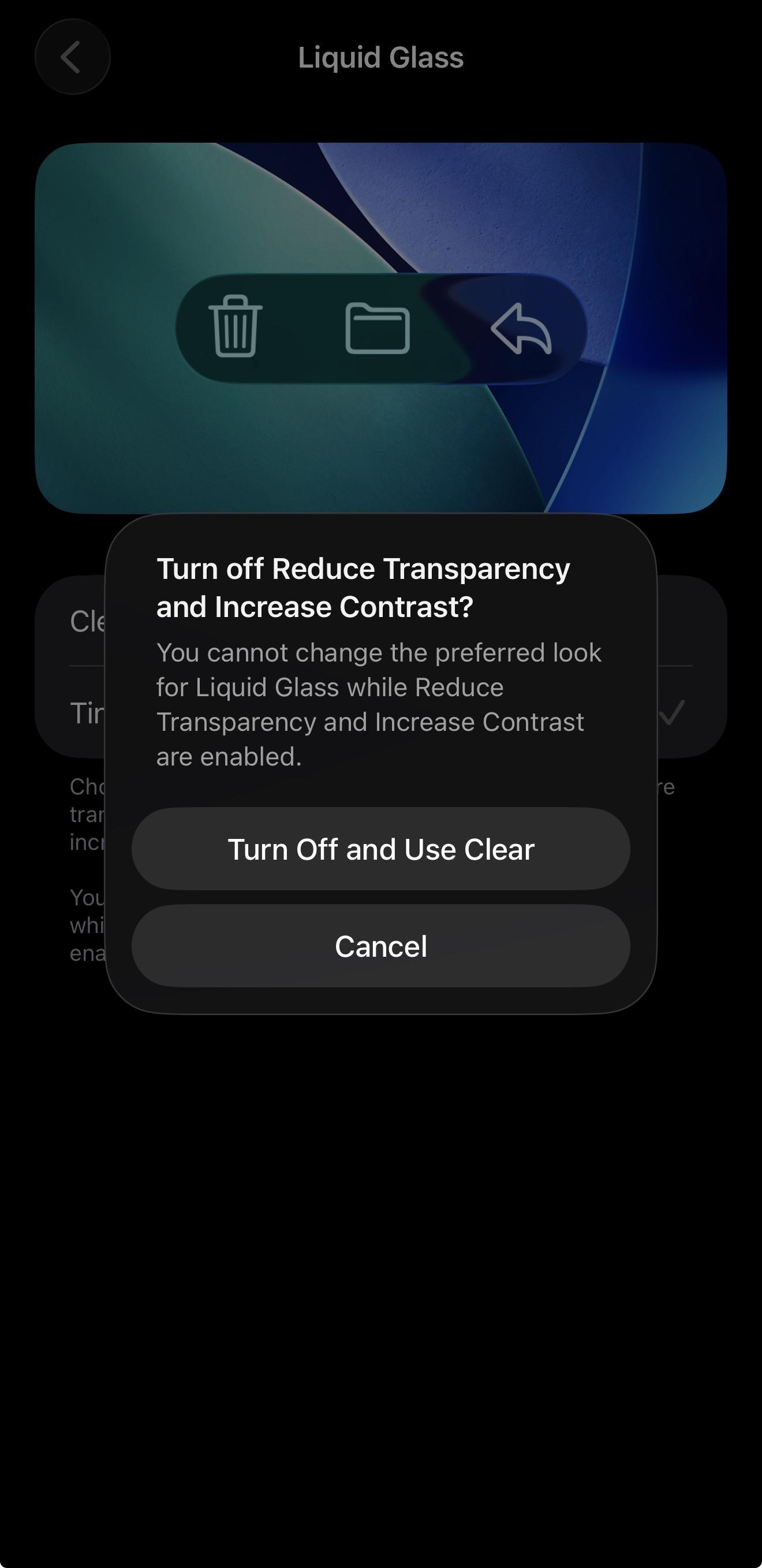 iOS 26.2|著色設定不能與「降低透明度」和「提高對比度」輔助功能設定同時使用。