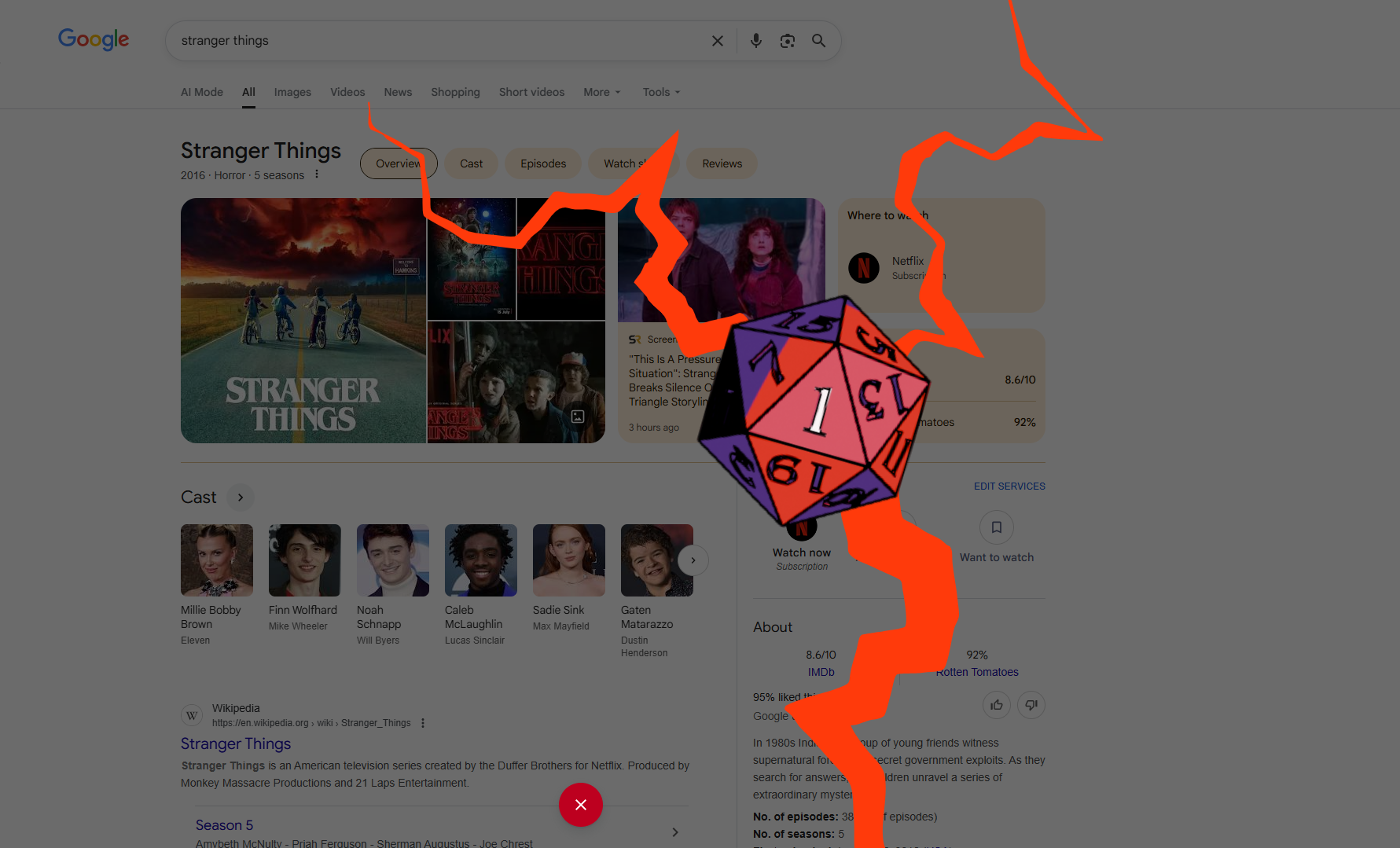 只要在Google Search搜尋Stranger Things,按下骰子。
