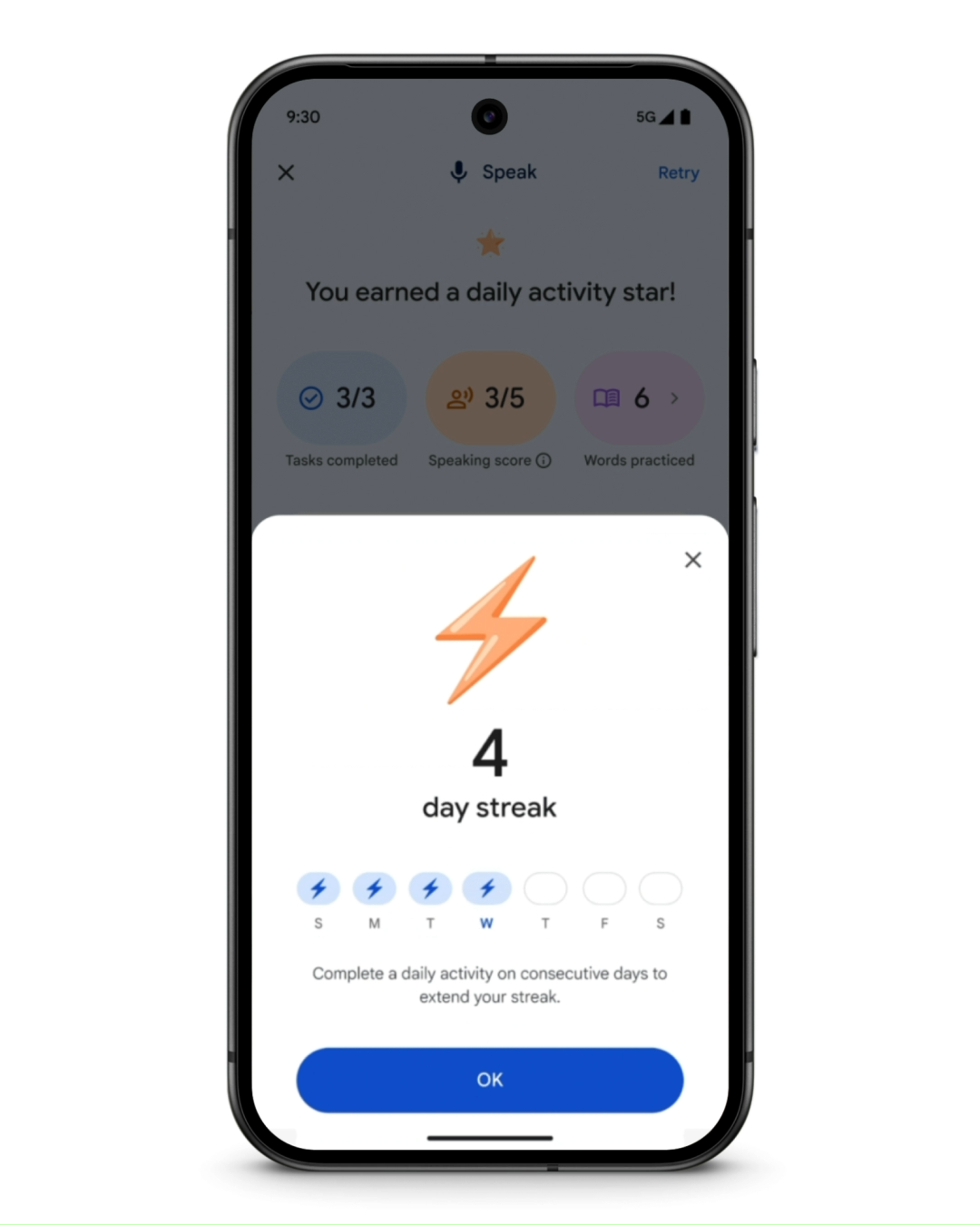 Google翻譯追蹤連續學習了外語的日數。