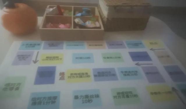 茶几上擺放著一個「遊戲紙板」,紙板上有「暴力撕絲襪10秒」等遊戲項目。(荔枝新聞)