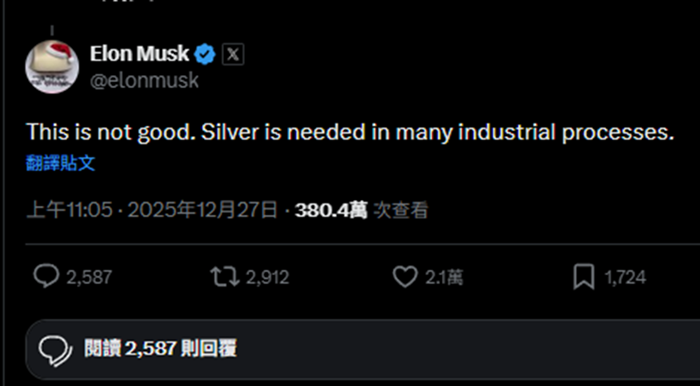 中國元旦起實施白銀新出口管制 馬斯克:刺激銀價飇升