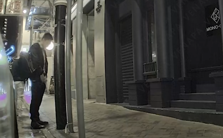 其中2人突然在1輛Tesla車尾後方位置,拉下褲鏈當街小便。(FB@車cam L(香港群組))