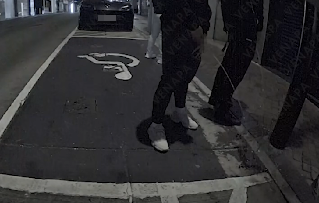 其中2人突然在1輛Tesla車尾後方位置,拉下褲鏈當街小便。(FB@車cam L(香港群組))