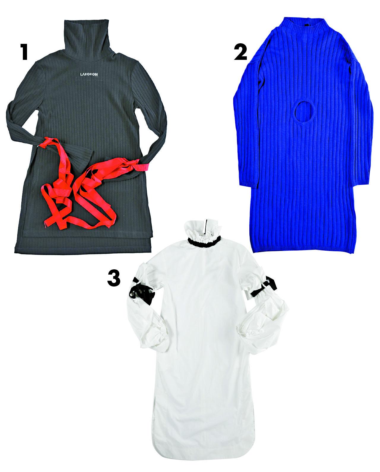 1.黑色樽領兵綴紅絲帶knit dress $1,798(A) 2.藍色開窿knit dress $1,498(A) 3.白色樽領綴黑絲帶dress shirt $1,798(A)