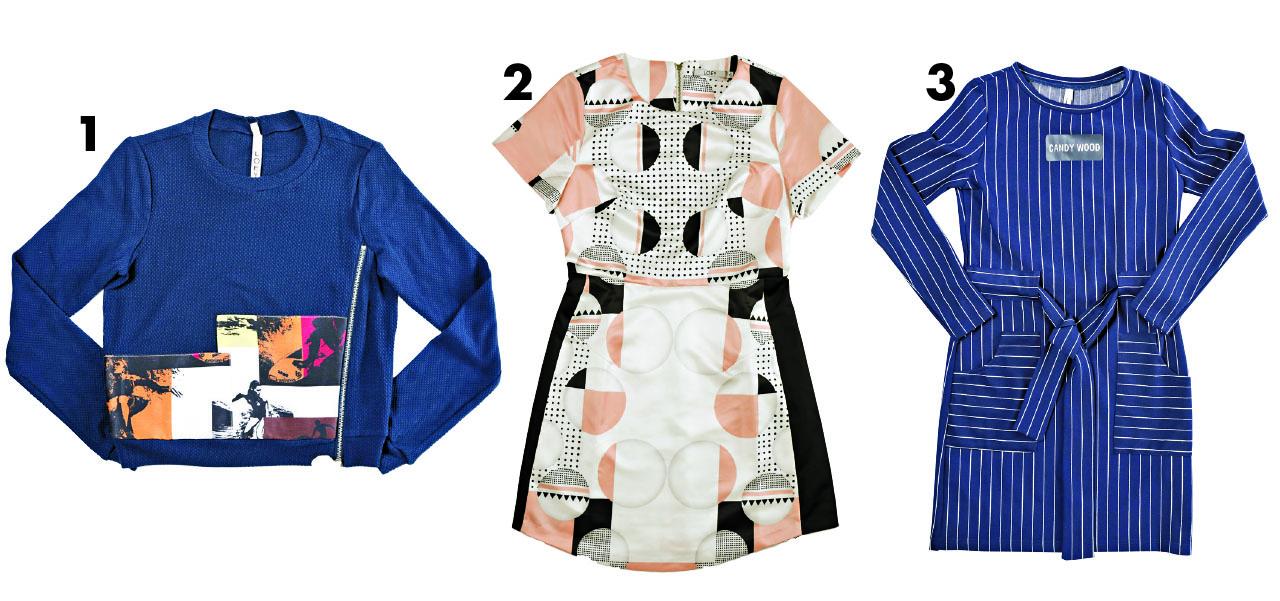 1.藍色patchwork圖案sweater $998(B) 2.白色併粉紅色幾何圖案dress $768(B) 3.藍白色條子圖案束腰dress $568(B)