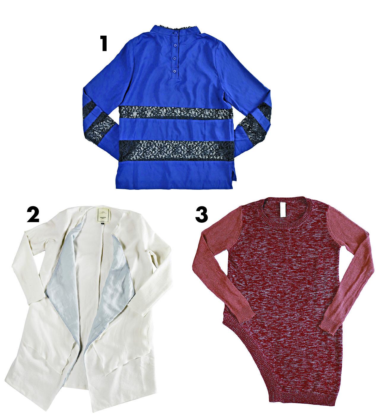1.藍色綴喱士企領shirt $720(C) 2.白藍色drape jacket $1,180(C) 3.紅色針織two tone knit dress 價格待定(C