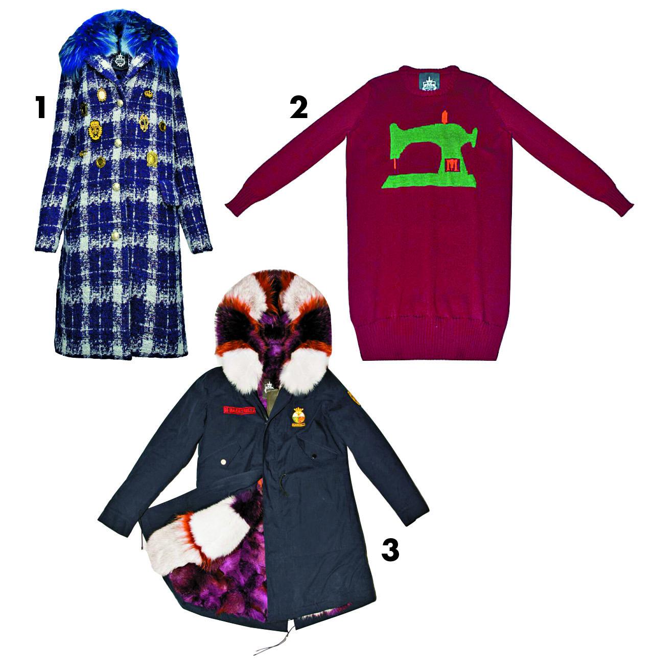 1.藍白色格仔圖案long coat 價格待定(E) 2.紅色衣車圖案knit top 價格待定(E) 3.黑色毛毛military jacket 價格待定(E)