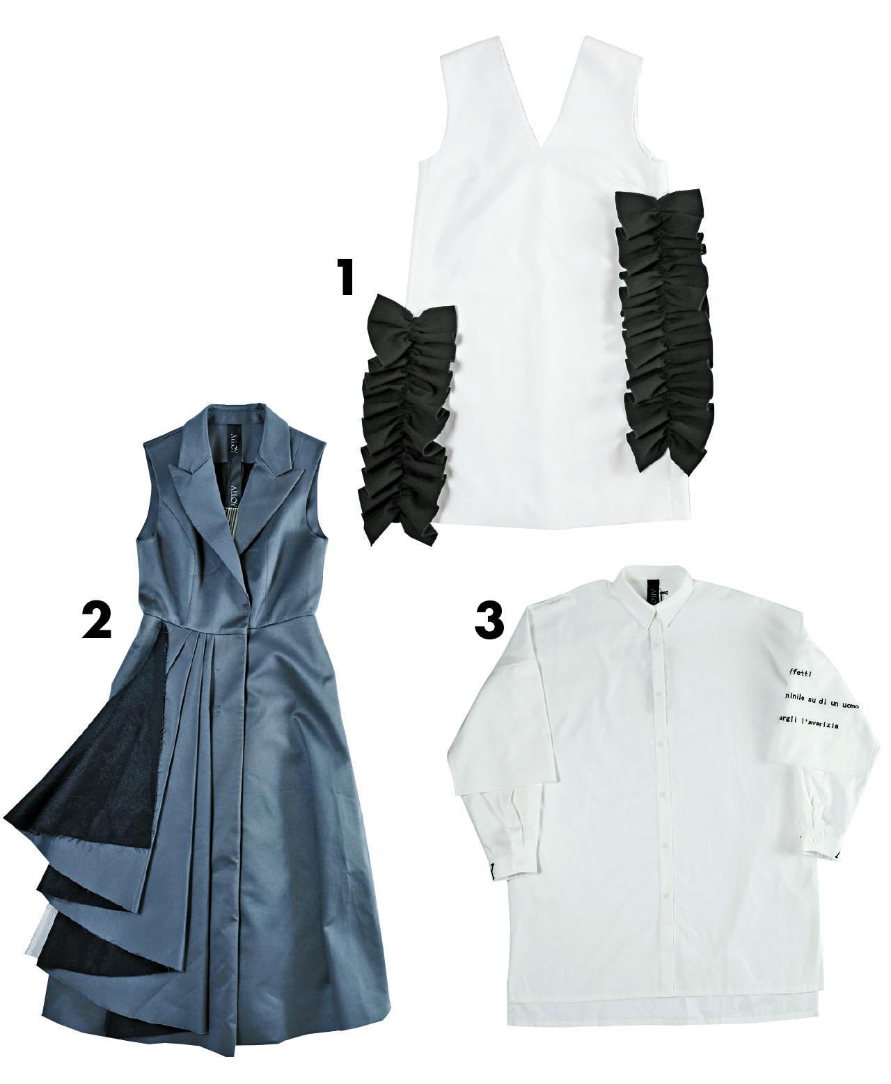 1.黑、白色ruffles dress $5,480(D) 2.灰色百褶dress $9,280(D) 3.白色刺繡字花dress shirt $5,800(D)