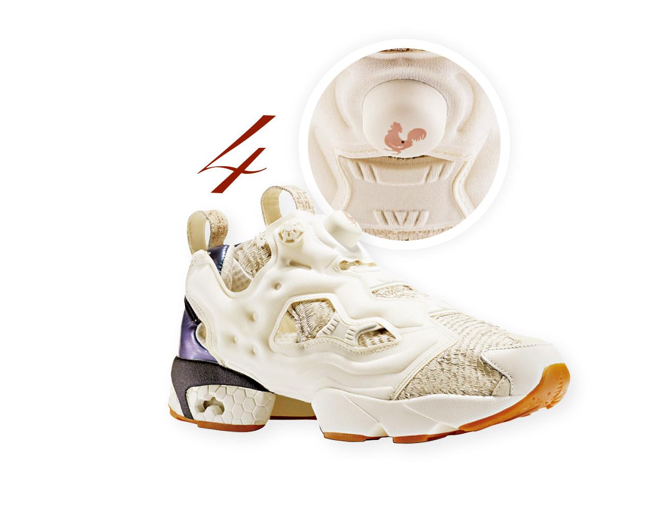 4. 經典潮鞋Pump Fury亦湊熱鬧推出雞年鞋款,以米白色為主調,而鞋身的仿雞羽毛設計,PUMP掣印上雞圖案,將雞這個生肖帶來時尚型格的世界。($1,999,Reebok)