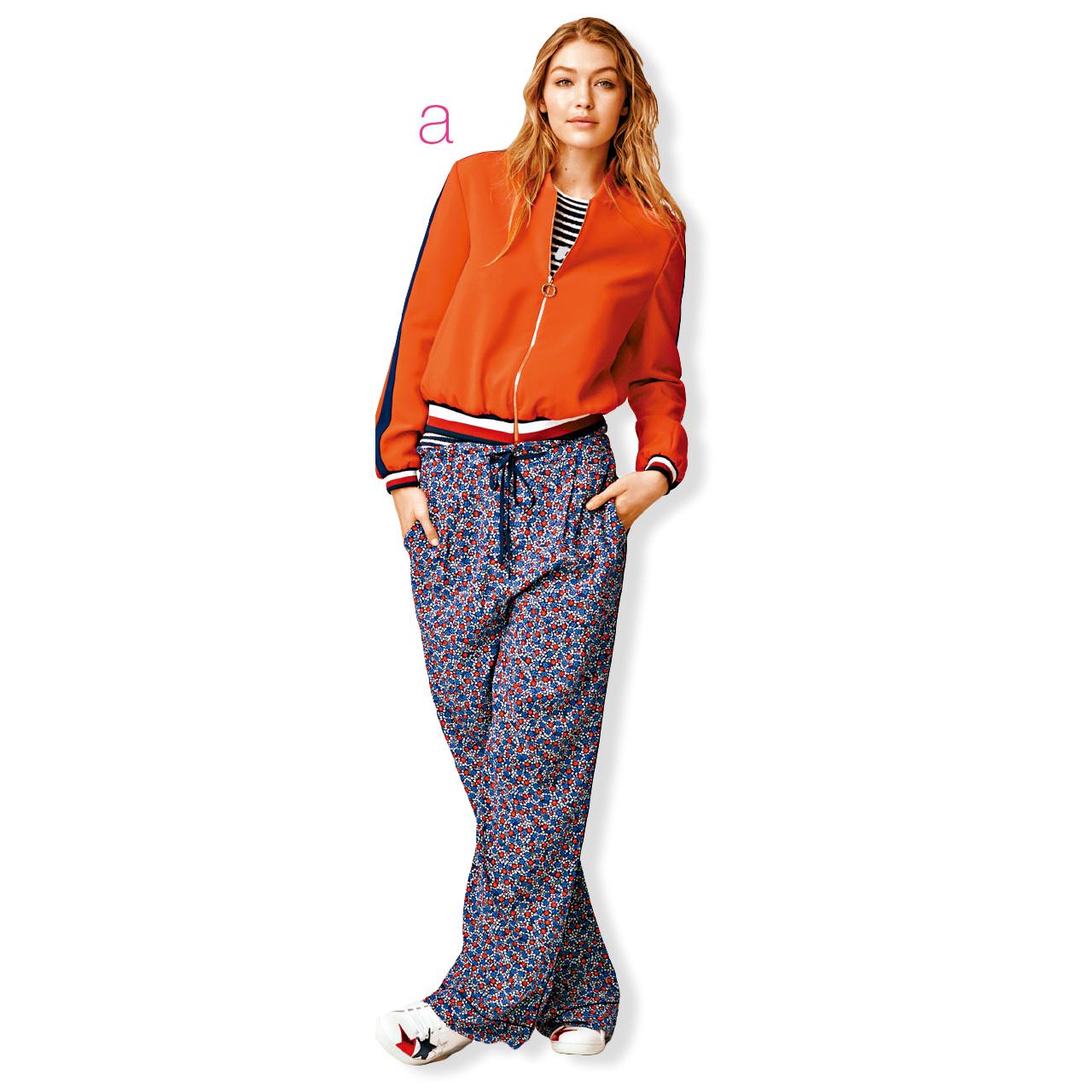 a.名模Gigi Hadid以薄身的baseball jacket,配碎花圖案闊褲,迎接活潑的夏日。($2,290,Tommy Hilfiger)