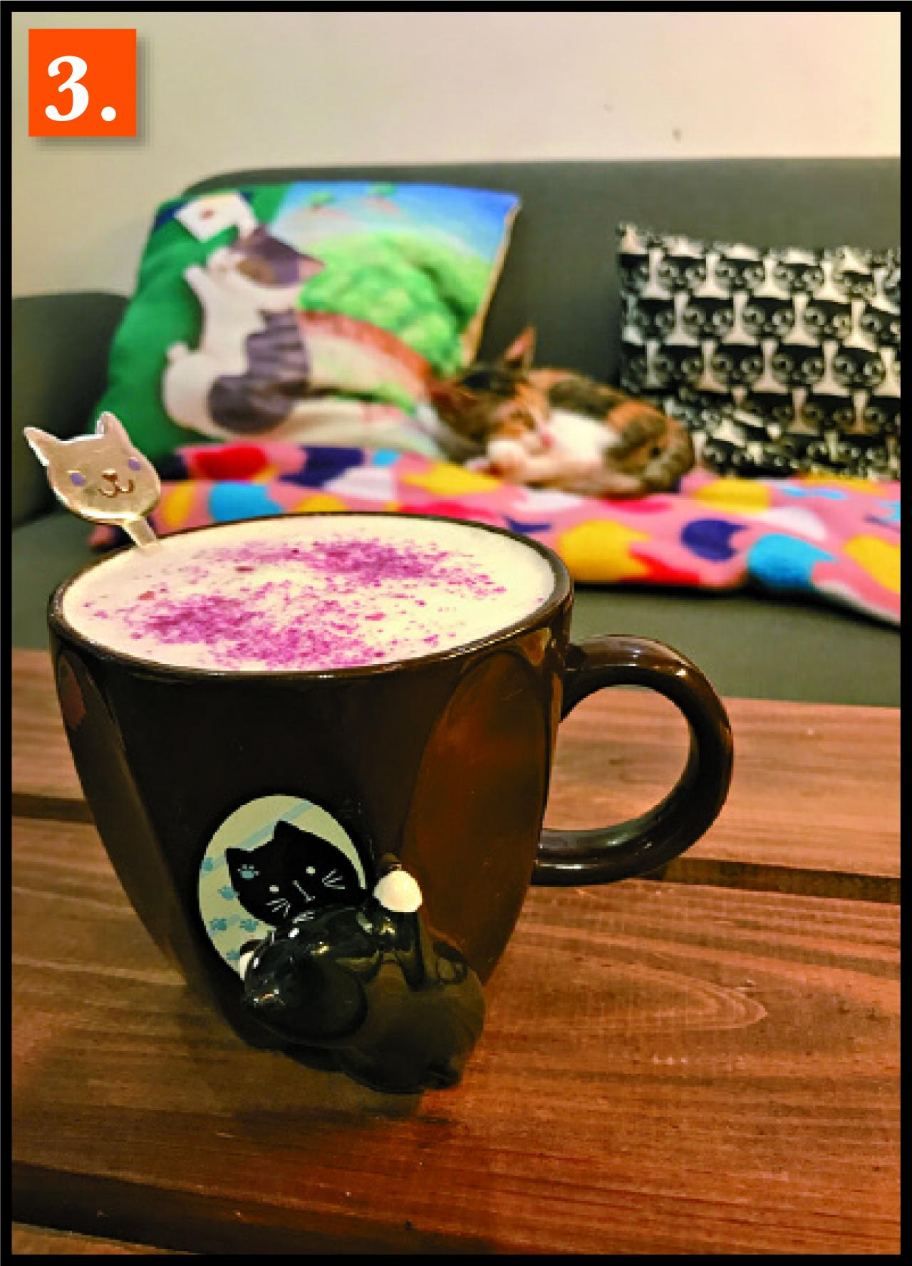 3.紫薯鮮奶咖啡,盛極一時的紫薯鮮奶咖啡在這裡可以找得到,淡淡的一片紫,香氣撲鼻。