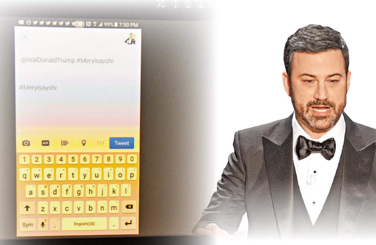 司儀Jimmy Kimmel(右圖)即場向特朗普發Twitter帖文,稱梅麗史翠普向他打招呼。(美聯社)