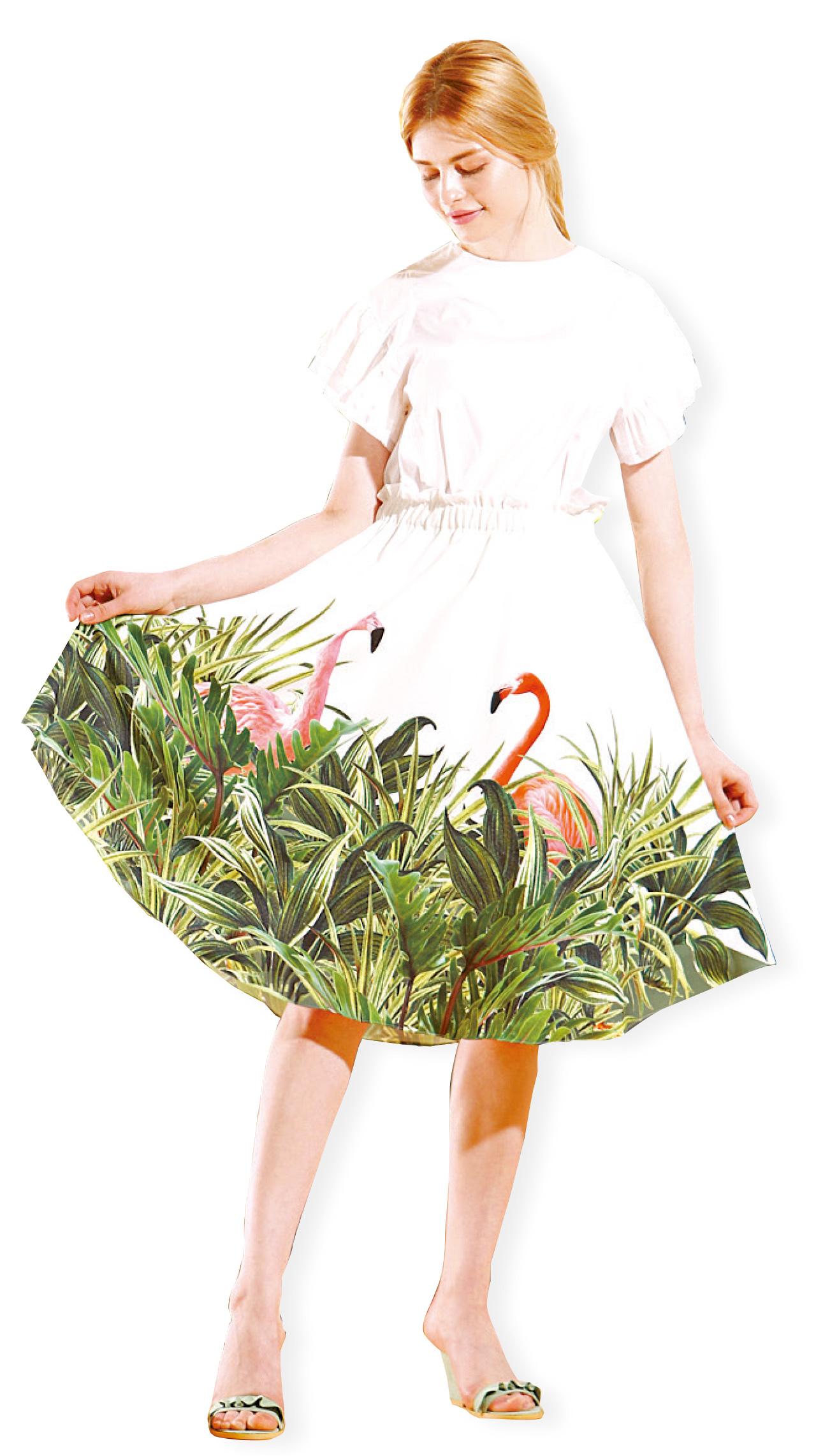 繪上綠葉火鶴的半截裙,上身宜配白色上衣,突出圖案,洋溢春天的活力氣息。(未定價,TINA BLOSSOM from Twist)