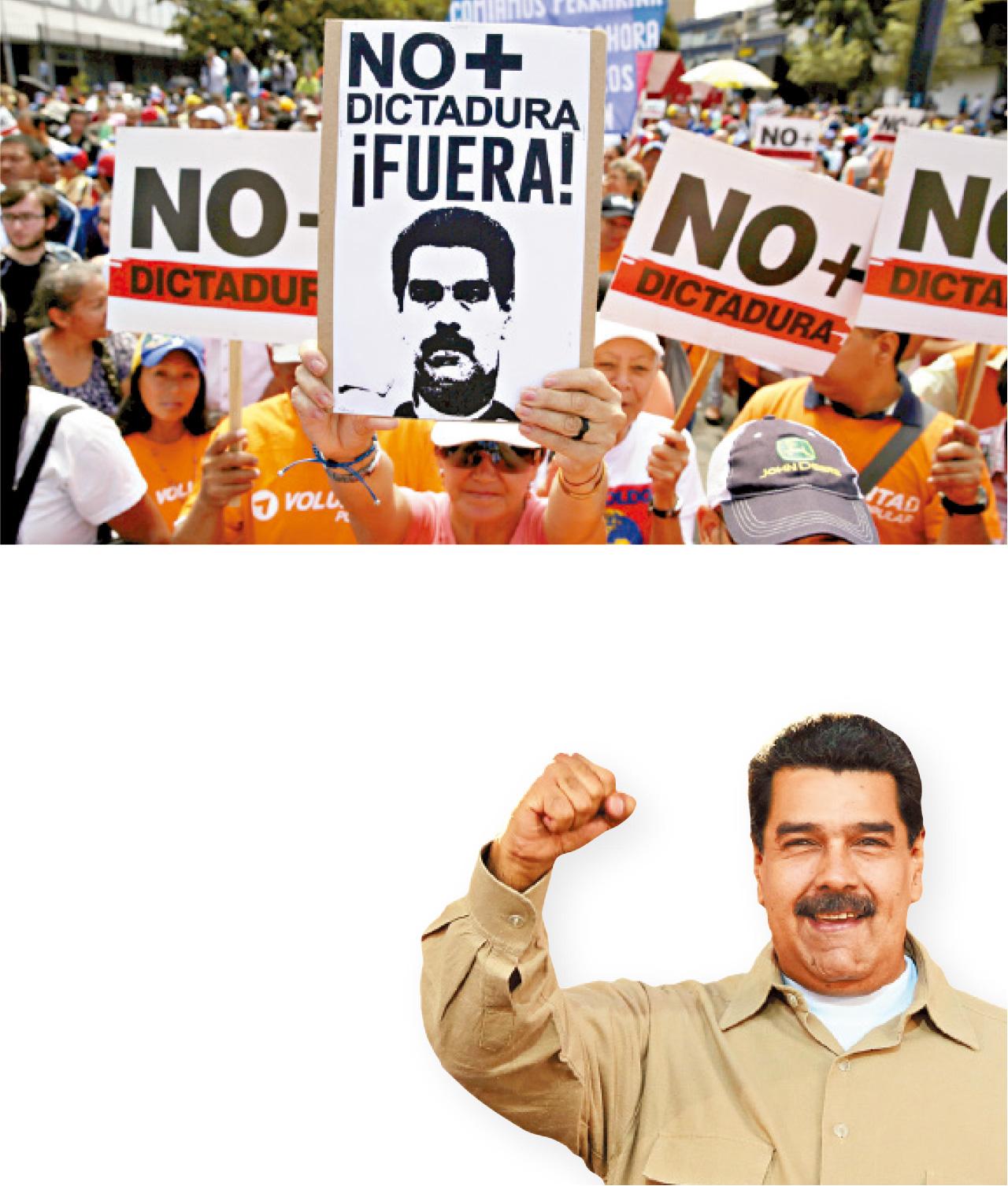 示威者高舉馬杜羅畫像,向獨裁說「不」。法院裁決被指協助馬杜羅(下圖)獨攬權力。