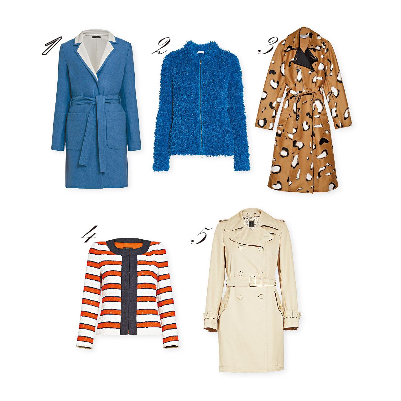 1.藍白色束腰trench coat $4,980(D)
2.藍色布毛茸jacket $8,180(E)
3.啡白色斑點圖案trench coat $16,880(F)
4.紅白色橫間tweed jacket $4,880(G)
5.杏色trench coat $8,280(G)