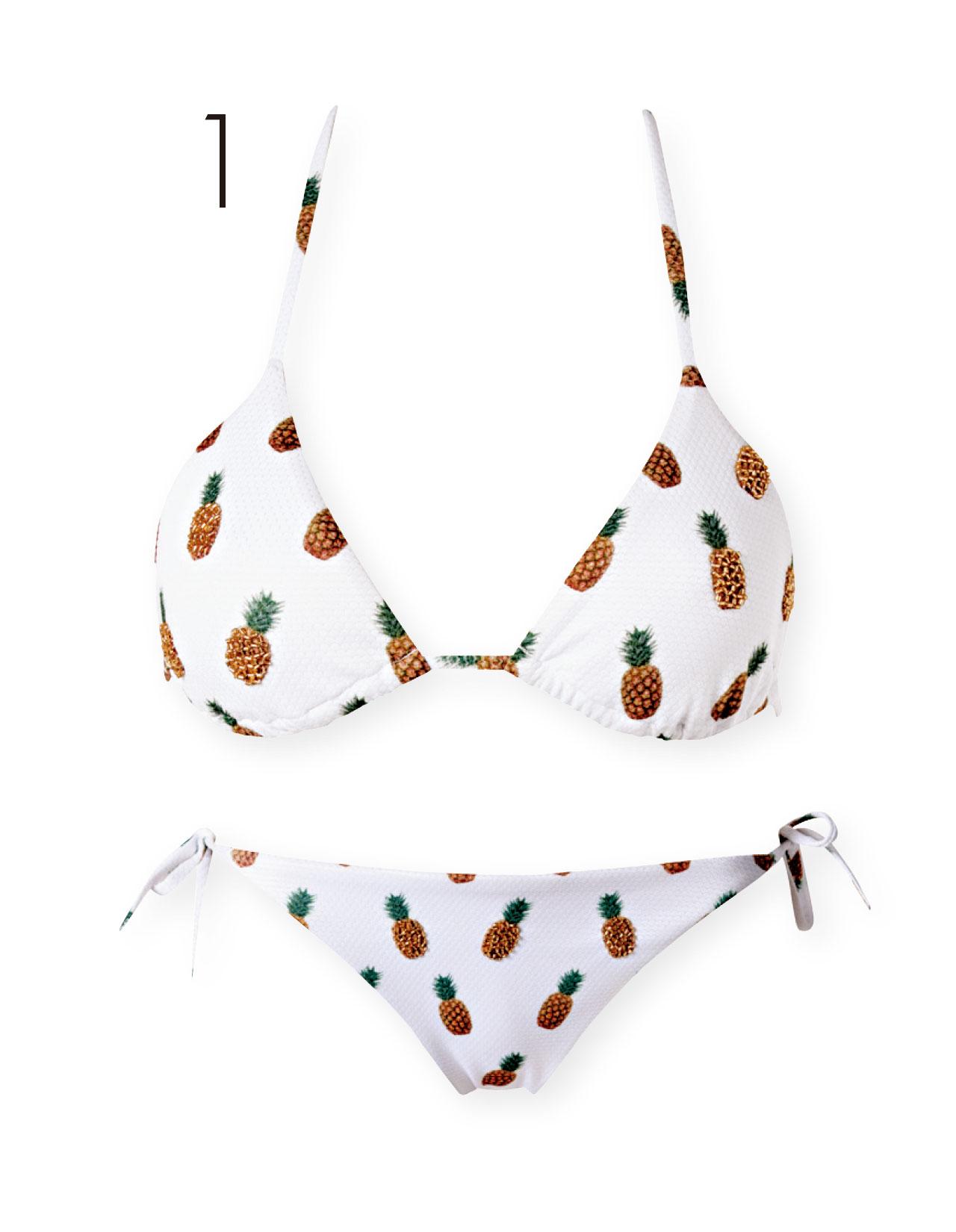 1. 菠蘿圖案添上不少玩味,部分菠蘿更釘上小珠更見閃爍和立體感,得意可愛,讓全場焦點都放在你的身上。(Top $449及Bottom $229,CALZEDONI)