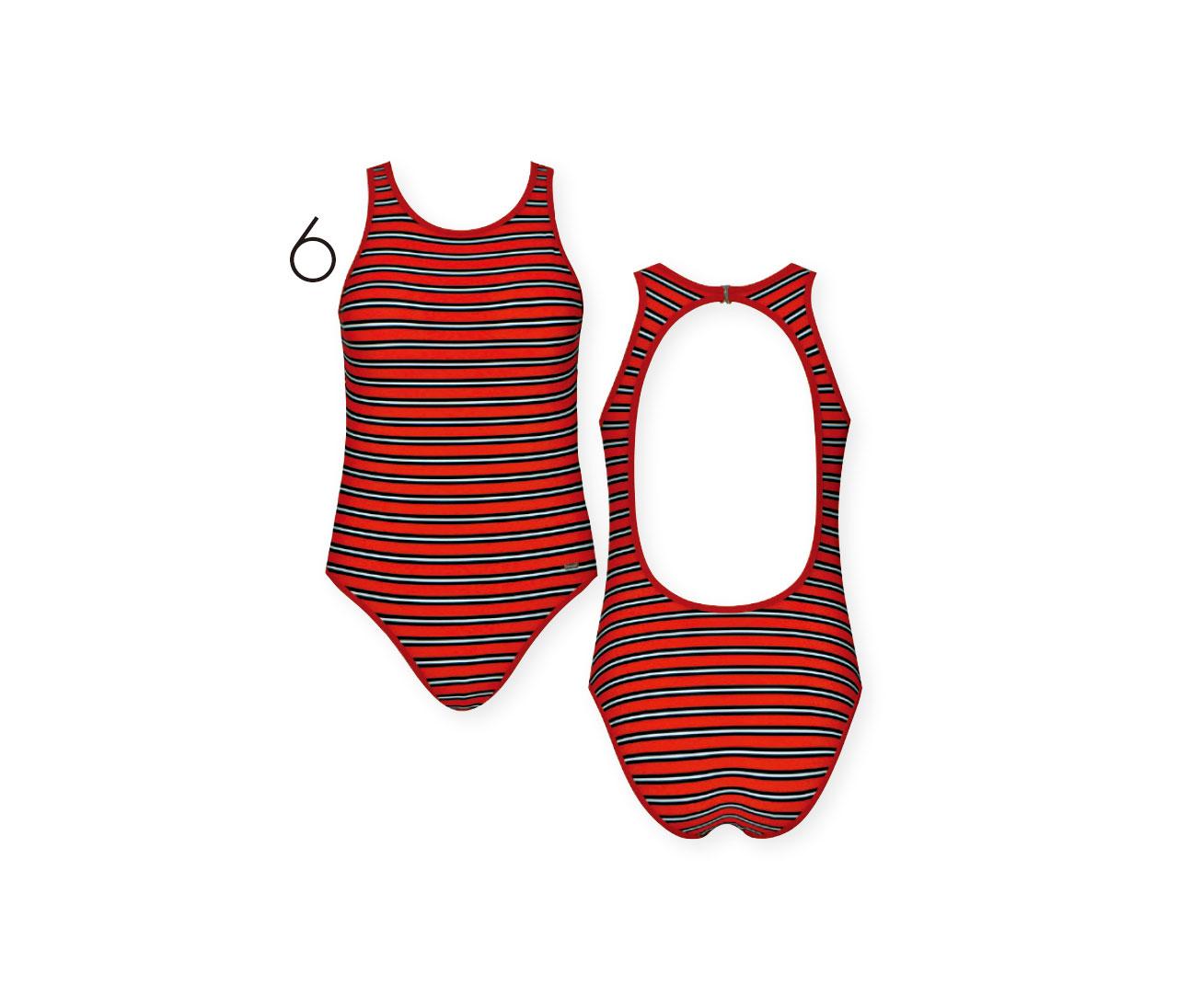 6. 熱愛運動的你需要一件貼身舒適帶來安全感的泳衣,深紅條子背心款是不錯之選,背後的大露背設計帶出一份低調性感。($429,Gourami)
