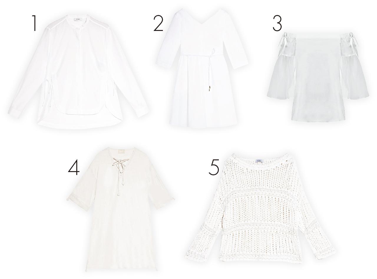 1.白色企領純棉shirt $1,680(E)
2.白色束腰dress $1,880(E)
3.白色純棉off-shoulder top $1,780(F)
4.白色lace-up dress $2,680(E)
5.白色針織top $1,980(E)