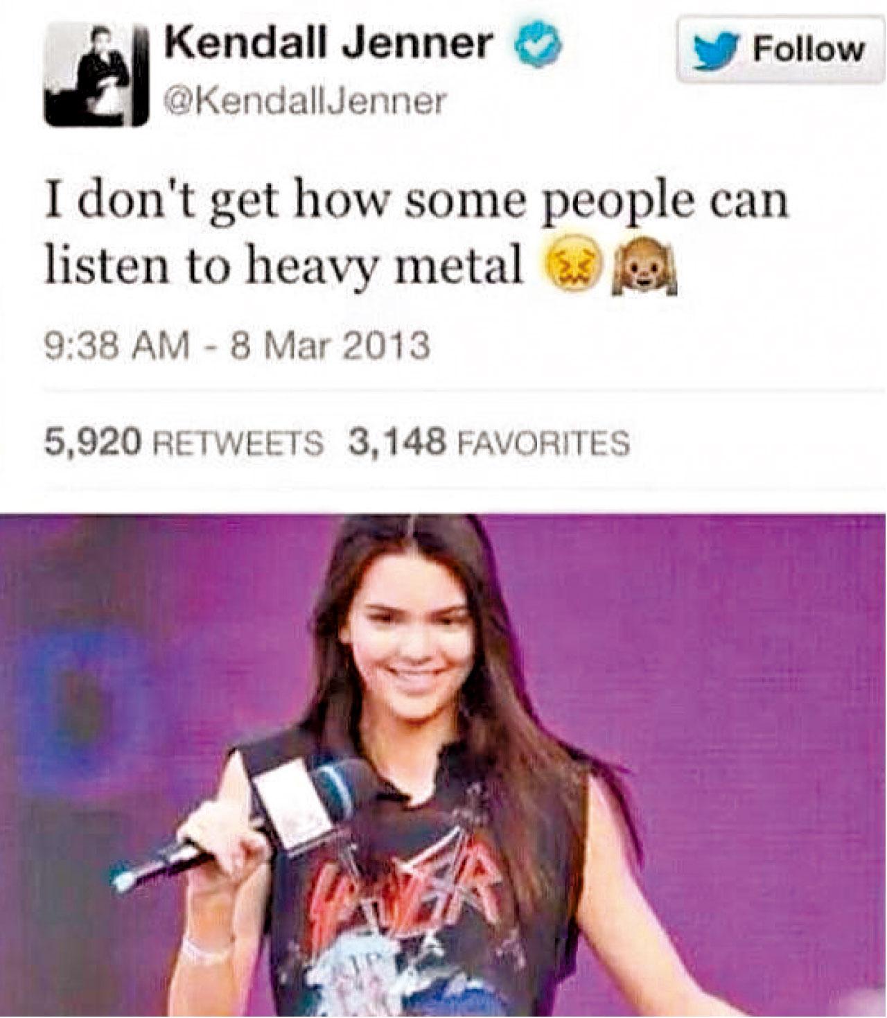 有網友起底,搵到Kendall曾經在IG發文說唔明點解有人會鍾意聽重金屬,但就成日穿這類音樂的樂隊tee。