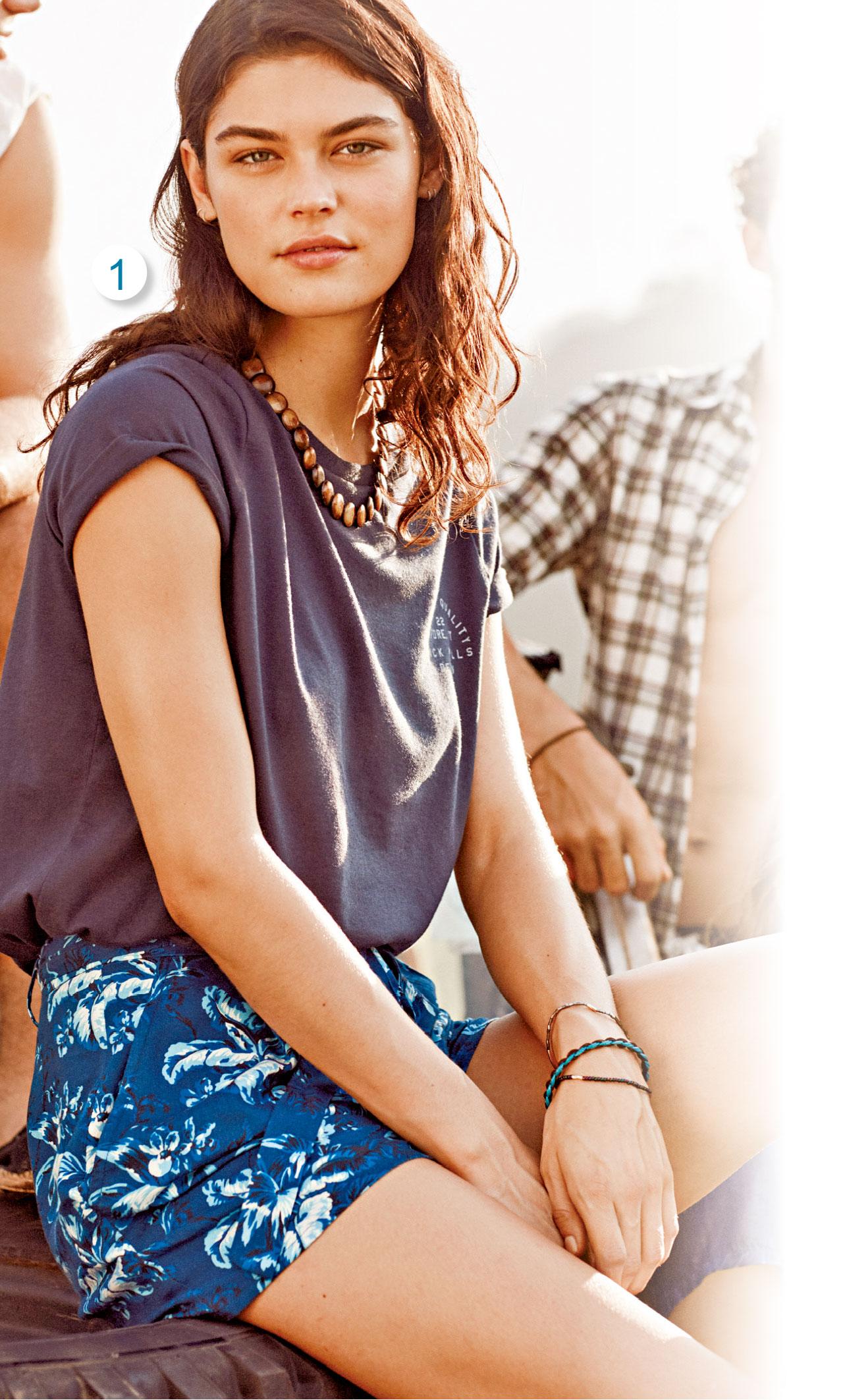 1. 簡單的深藍色tee,凸顯下身富有熱帶風情的印花短褲,休閒輕便。(a)