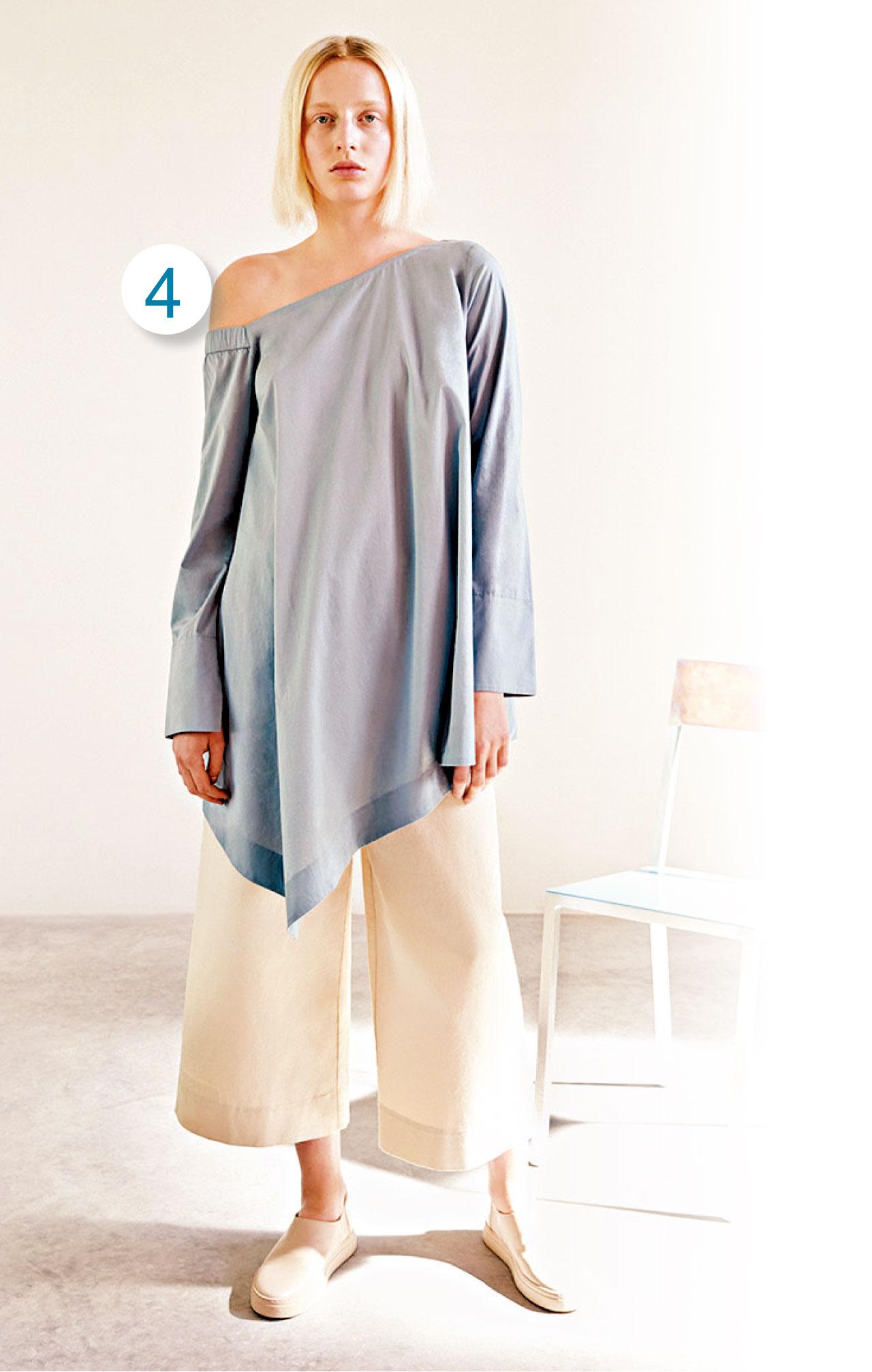 4. 斜肩A-line shirt $790,配以白色闊褲$790和同色Slip-on $890,完全切合假日的慵懶時光。(b)