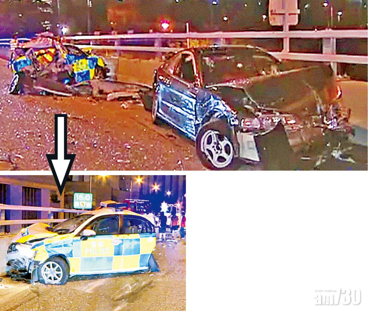 私家車(前)損毀嚴重,警車尾部幾近被削去。