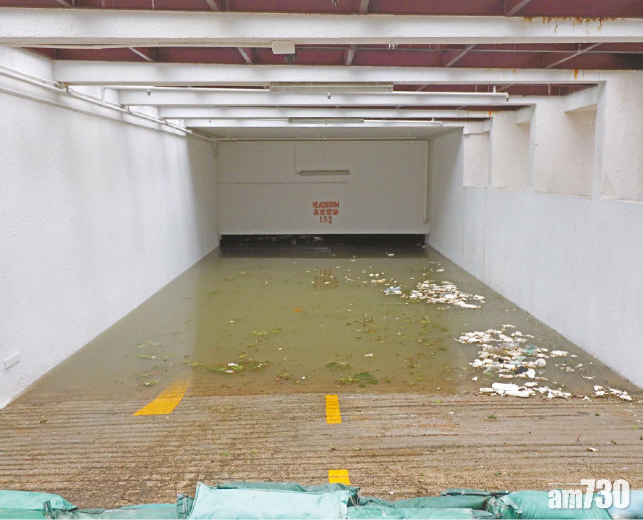 杏花邨地下停車場被淹沒。(林俊源攝)