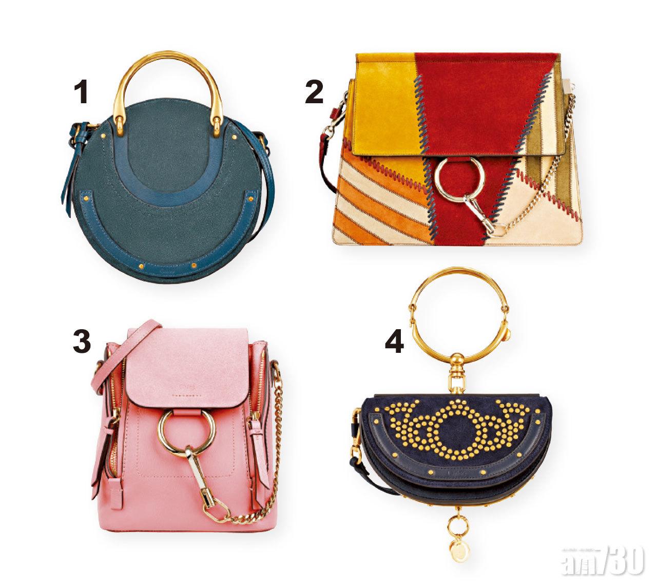 1. Pixie綠色手袋 $11,190
2. Faye紅色花紋拼貼中肩袋$20,160
3. Faye粉紅色迷你背包$11,270
4. Nile深藍色金屬星系鉚釘手袋$14,490