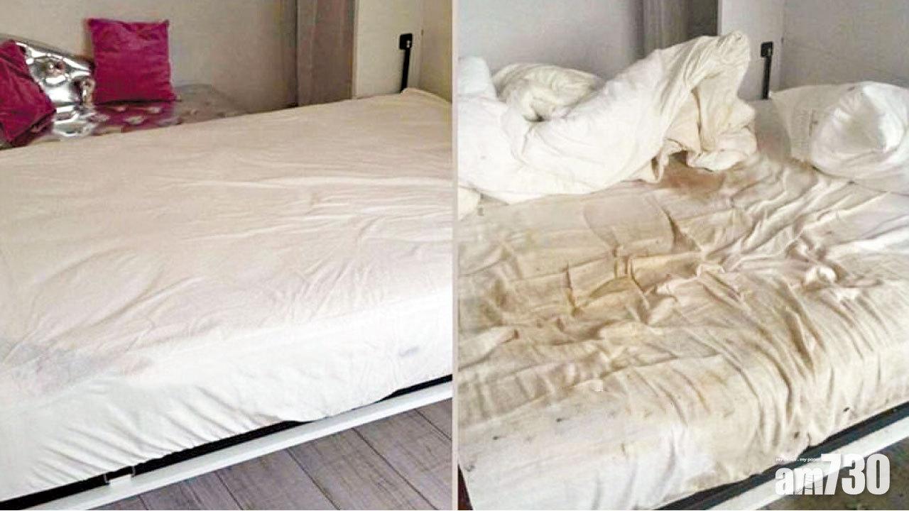 原本整齊潔白的牀單(左),出現啡黃污漬,疑似尿液(右)。(互聯網)