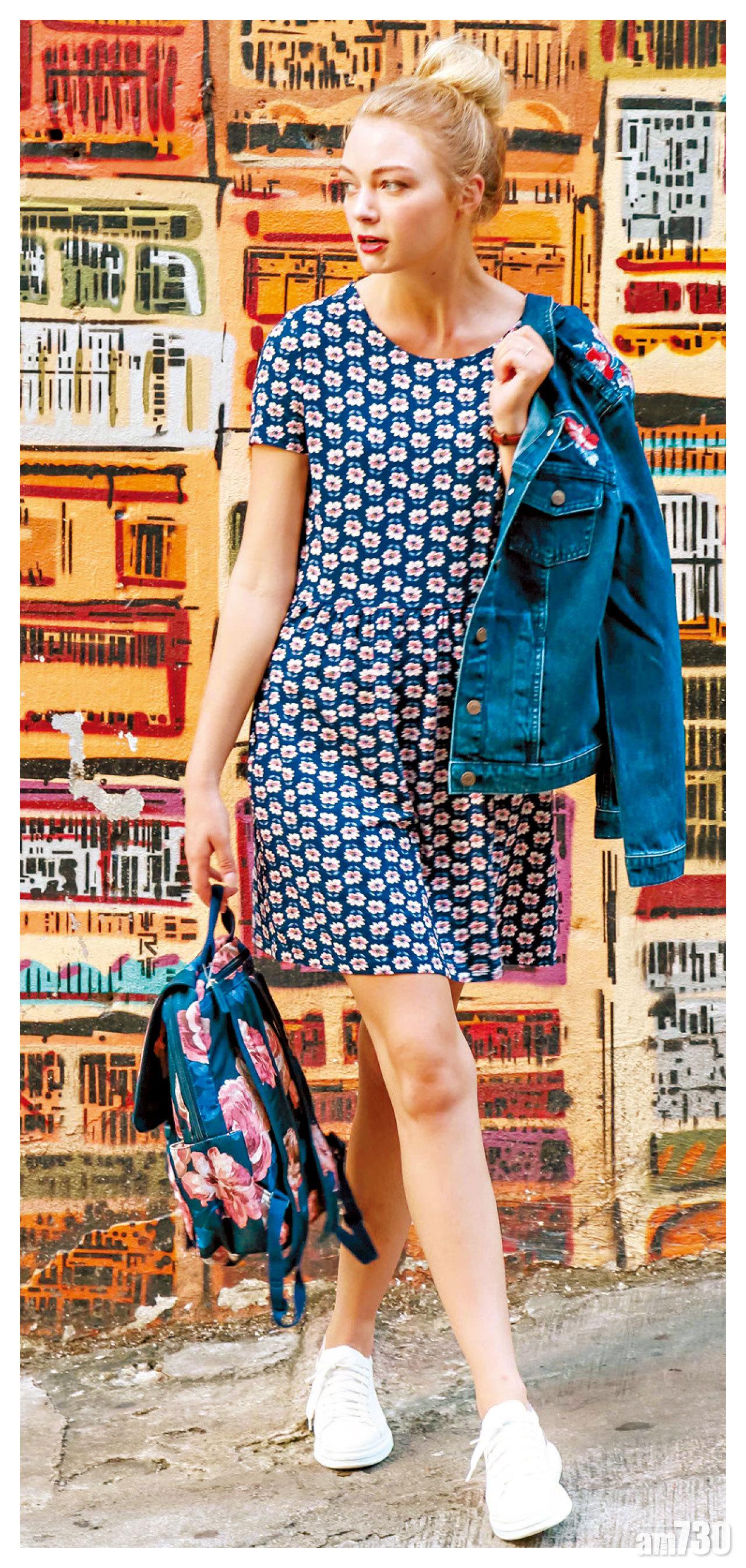 ‧Embroidery Mid Wash Denim Jacket $1,190
‧Geo Flower Navy Viscose Short Sleeved Jersey Dress $1,190
‧Beaumont Rose Dark Navy Buckle Backpack $850