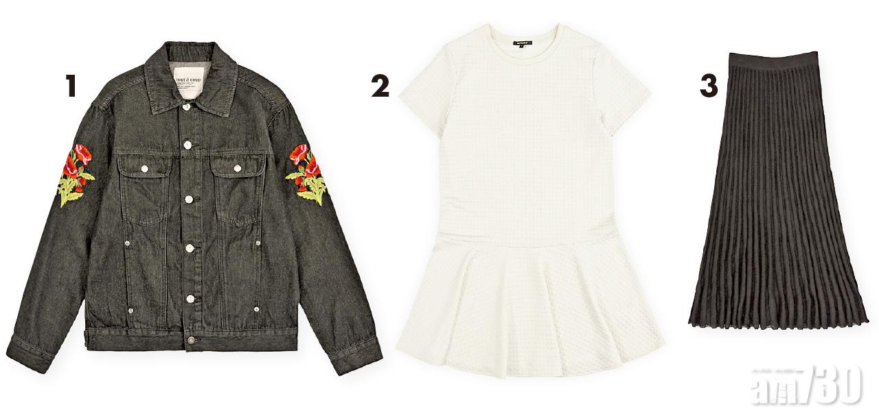 1.黑色花袖刺繡demin jacket $799(C)
2.白色格紋dress $399(C)
3.黑色百褶skirt $599(C)