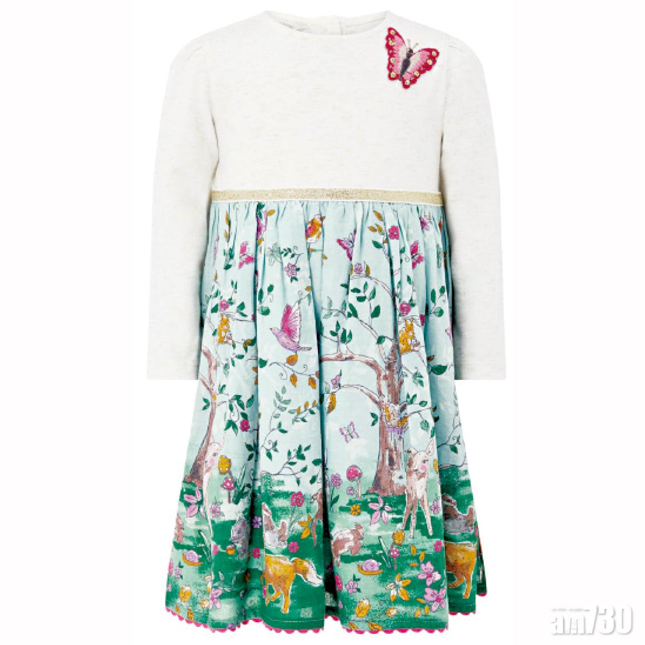 草原圖畫裙襬,上身繡上小蝴蝶,是參加宴會的得體小淑女。($415)