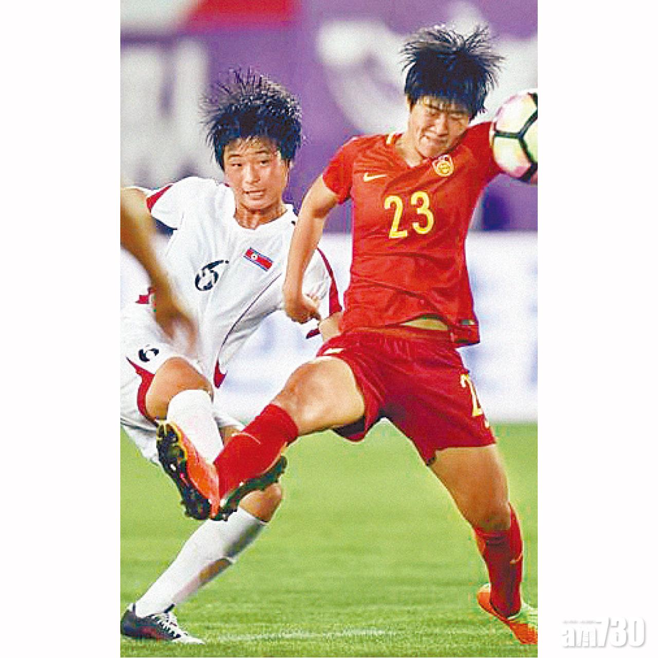 中國女足(紅衫)新嫩,難頂北韓女足進襲。