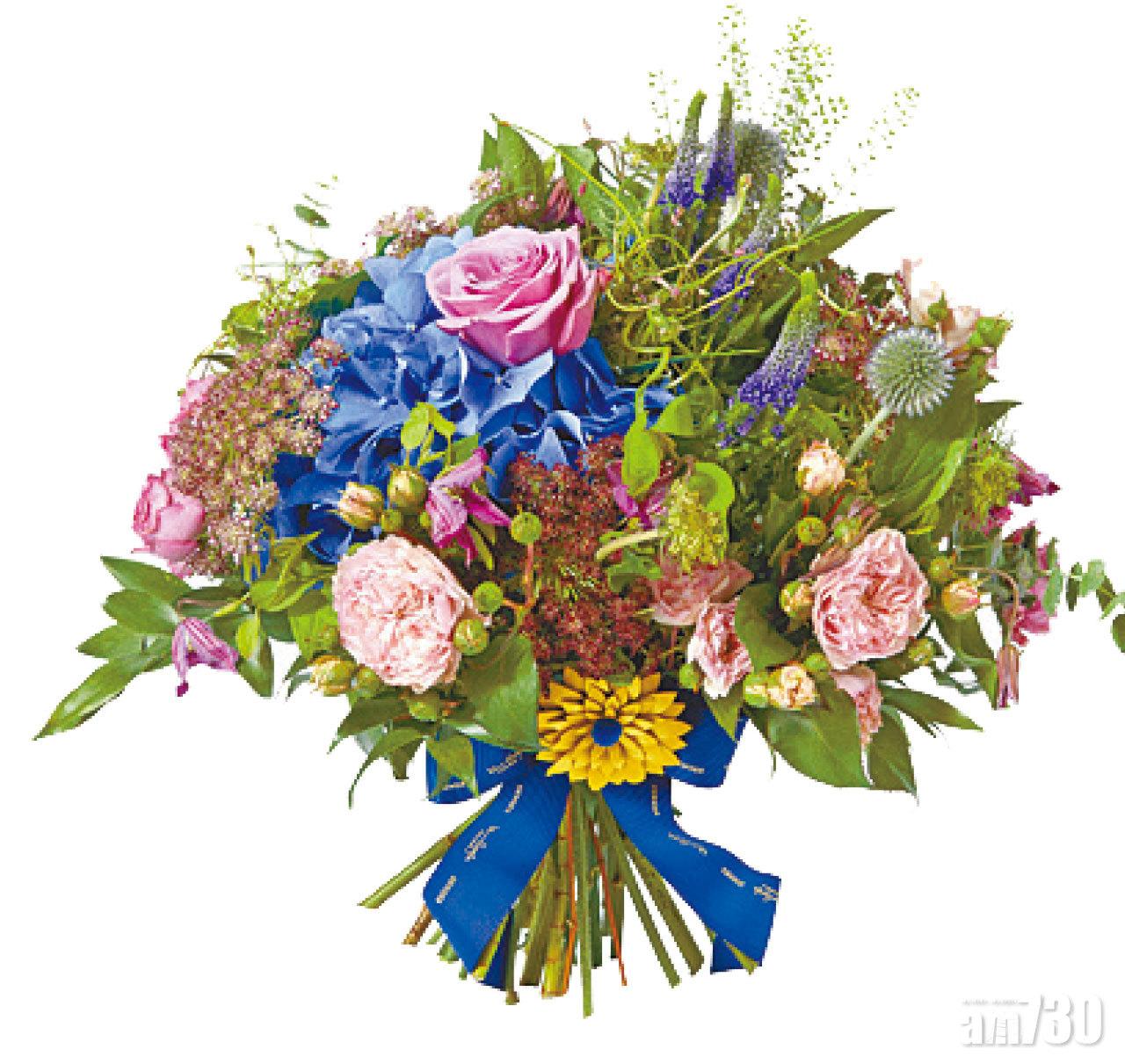 柔柔慈愛(Loving Grace),以不同深淺的粉紅玫瑰造出層次感,加入繡球花及鬱金香,小花朵則模仿梵高細碎而有力的筆觸。$2,880