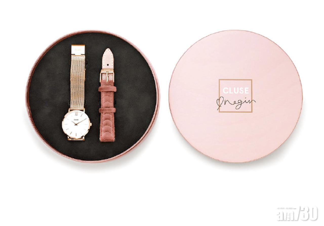 CLUSE X NEGIN MIRSALEHI禮盒$1,090(香港限售30盒),荷蘭著名時尚博客Negin Mirsalehi,揀選她最愛的CLUSE Minuit玫瑰金鋼帶腕錶,並附有額外、由意大利天鵝絨訂製而成的玫瑰色錶帶。