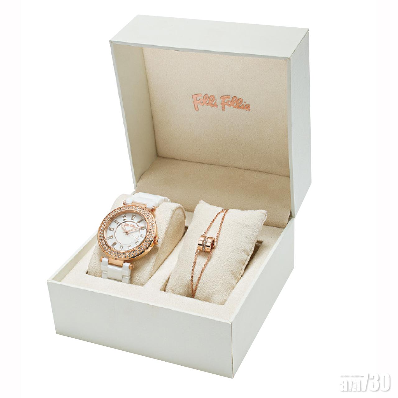 Folli Follie Beautime腕錶首飾套裝$3,488,Beautime白色陶瓷腕錶配以Touch玫瑰金手鏈,華麗典雅。