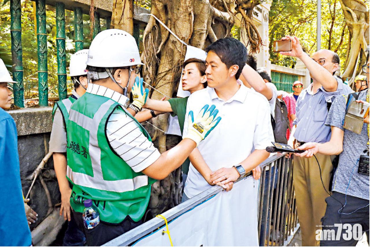 有團體及立法會議員到場阻止斬樹。(林俊源攝)