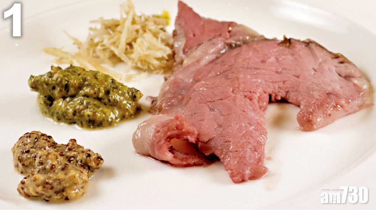 1.軟腍無比的薄切牛胸肉,配搭混合百里香及簡單調味的鮮刨辣根(上),比起芥末更加惹味。